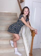 Pussy pics of petite brunette getting naked on the stairs